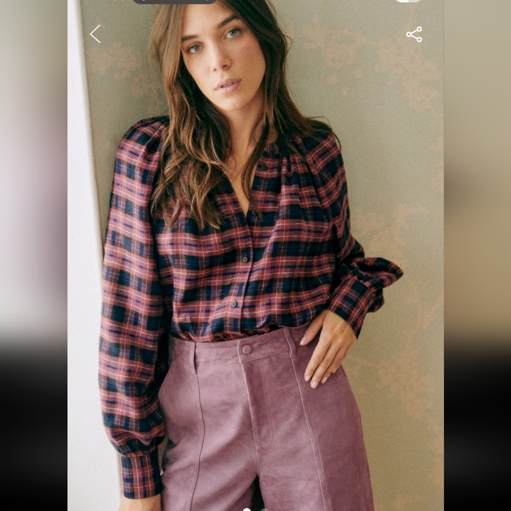 Sezane Lealys 100% Linene Check Print Button Down Shirt -  Pink and Blue